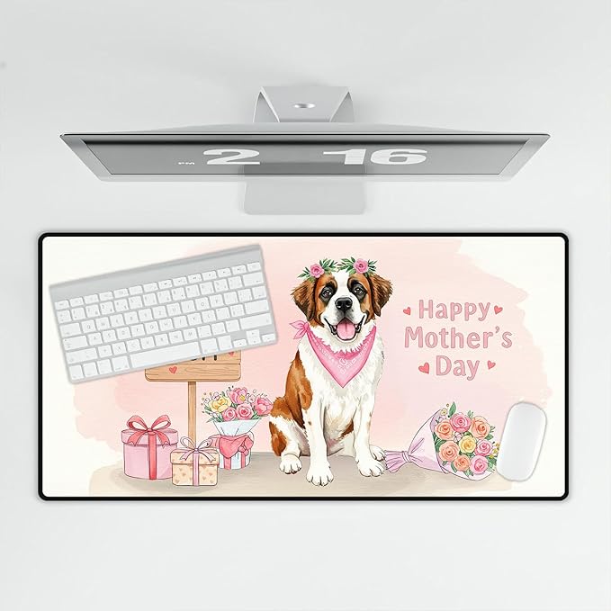 Happy Mother's Day Saint Bernard Love Dog Mom Heart Flower Desk Mat Full Keyboard Mouse Pad St Dog Lover Large Mousepad 12004