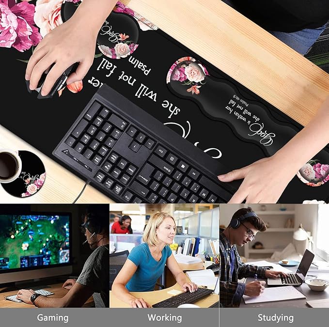 Large Mouse Pad with Wrist Support SetMemory Foam Keyboard Wrist Rest +XXL Extended Gaming Mouse Pad +Ergonomic Mouse Wrist Pad Peony Flower Psalm 46:5 Office Desk Pad for Women Men Gaming Mousepad