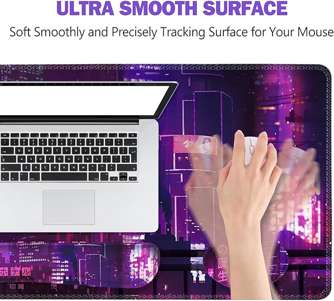 ToLuLu Extended Gaming Mouse Pad Memory Foam Ergonomic Keyboard Mouse Wrist Rest Support Set Large Desk Mat with Stitched Edges Non-Slip Base Mousepad for Home Office Neno City Anime Japanese