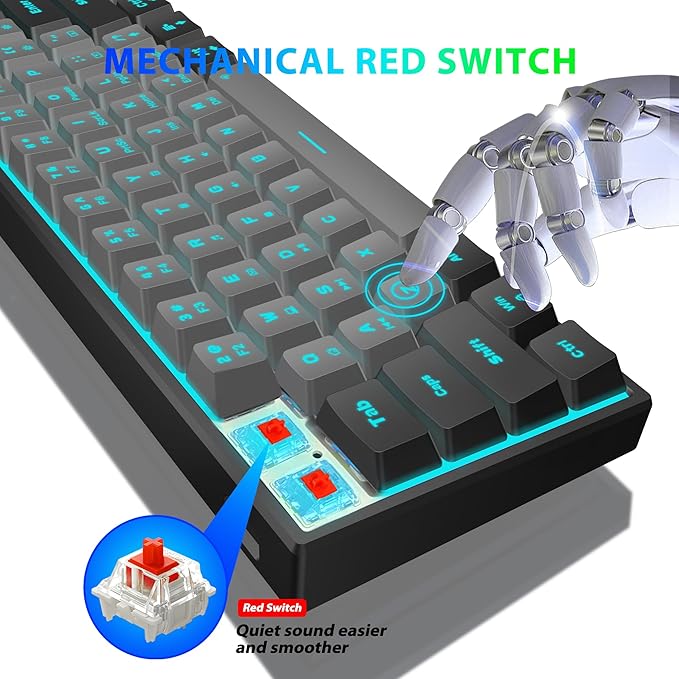 Snpurdiri 60% Wired Mechanical Gaming Keyboard Ice Blue LED Backlit 61 Keys Mini Wired Office Keyboard for Windows Laptop PC Mac (Black-Grey Red Switches)