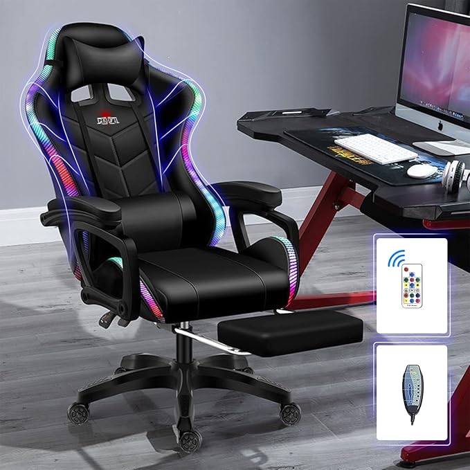 Massage Gaming Chair Racing Computer Desk Office Chairwith speakers and LED Linghts with Headrest Lumbar Support footrest and Adjustable Armrests360° Swivel 135° Reclining  300LB Metal BaseBlack