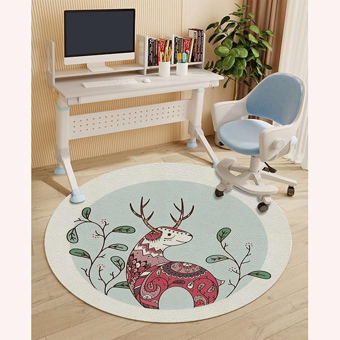 Brown Black PU Leather Chair Mat Hard Floor Protecting Goat Colorful Ornamented Noise Cancelling with Anti Slip Rubber Multi-Purpose Floor Mat for Bedroom Modern Style Diameter 39.4 in