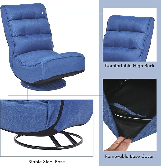 COSTWAY Folding Floor Chair Adjustable 5-Position Video Gaming Chair with 360 Degree Swivel Detachable Cover Padded Backrest Multipurpose Living Room Floor Lounger for TV Reading Playing (Navy)