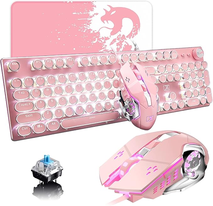 Pink Typewriter Keyboard and MouseRetro Vintage Mechanical Gaming Keyboard with White LED Backlit104 Keys Anti-Ghosting Blue Switch Wired Cute KeyboardRound Keycaps for Desktop PC/Laptop Mac