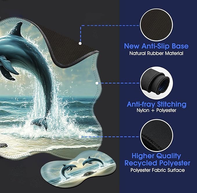 Large Mouse Pad and Keyboard Wrist Rest Desk Pad for Keyboard and Mouse 4-in-1 Large Gaming Mouse Pad with Wrist Support Desk Mat for Home Office Study Game-Dolphins and Sea Turtle