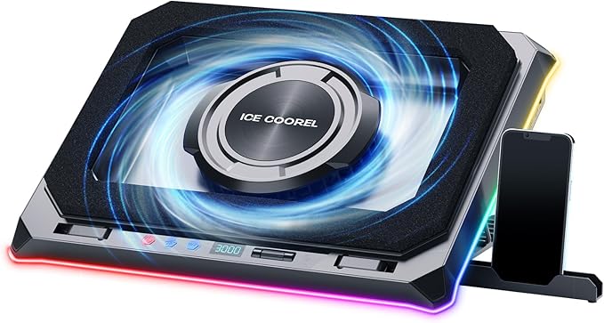 ICE COOREL Gaming Laptop Cooling Pad with Powerful Turbofan Laptop Fan Cooling Pad for Laptop 15-21 Inches RGB Laptop Cooler Stand with 8 Height Adjustable Infinitely Variable Speed LCD Screen