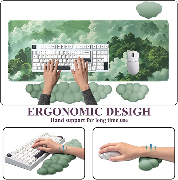 Gaming Desk Mat with Keyboard Wrist Rest Set 4 in 1 Large Mouse Pad &amp Cloud Keyboard Wrist Rest&amp Mouse Wrist Rest&ampCoaster Comfort and Support for Typing and Gaming（Green