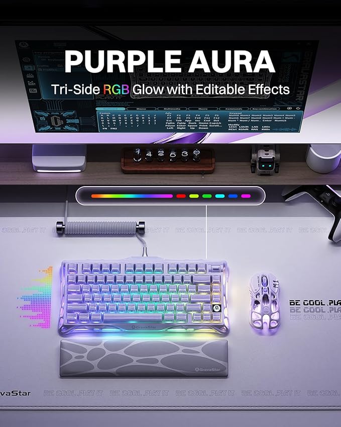 GravaStar Mercury K1 Purple 75% Wireless Mechanical Keyboard – Tri-Mode BT5.0/2.4GHz/USB-C Gaming Keyboard Jelly Keycaps Linear Switches RGB Backlit Creamy Keyboard for PC/Mac Cute &amp Stylish