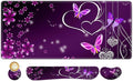 ARTSO Large Gaming Mouse Pad Keyboard Wrist Rest Pad &amp Wrist Support Mousepad Set Stitched Edge Extended Non-Slip Base Memory Foam Desk Mat for Office Home Purple Heart Butterfly