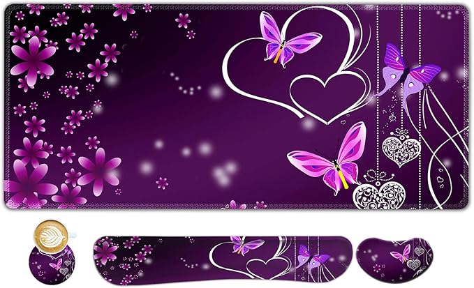 ARTSO Large Gaming Mouse Pad Keyboard Wrist Rest Pad &amp Wrist Support Mousepad Set Stitched Edge Extended Non-Slip Base Memory Foam Desk Mat for Office Home Purple Heart Butterfly