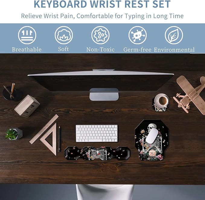 Keyboard Wrist Rest &amp Ergonomic Mouse Wrist Rest Pad Set Octagon Mouse Pad Made of Memory Foam with Non Slip Rubber Base Easy Typing Relieve Wrist Pain for Computer Office - Floral Skull