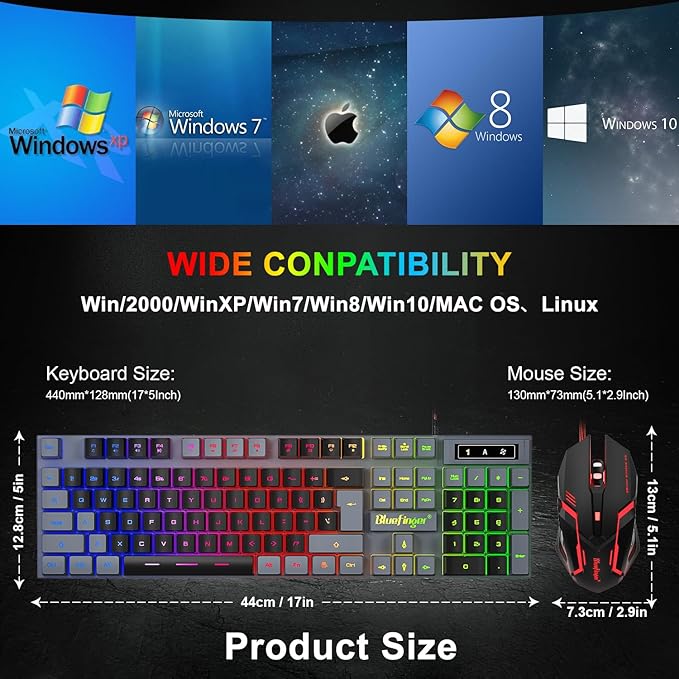 BlueFinger RGB Gaming Keyboard and Backlit Mouse Combo USB Wired LED Gaming Set for Laptop PC Computer Game and Work(Gray &amp Black)