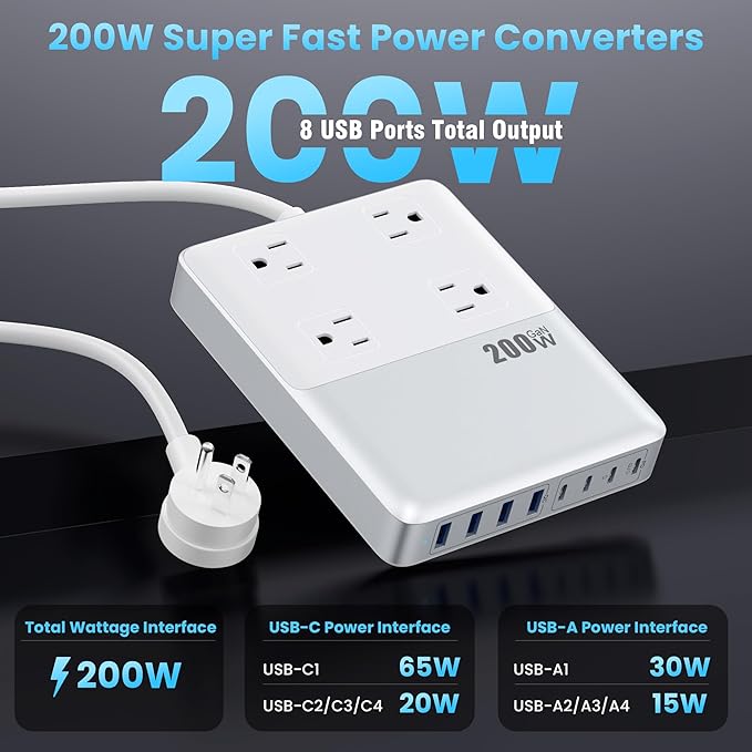 12-in-1 Charging Station USB C Power Strip with 5ft Cord200W GaN IV USB C Charger Block4 AC Outlets8 USB for MacBookiPhone 16/15/14Fast Charging Desktop Charger for Office (A-White)