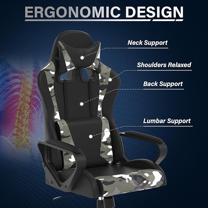 Gaming ChairSwivel Rolling Gaming Chair for AdultsErgonomic PC Gaming Chair CamoHeight Adjustable Computer ChairPU Leather Computer Chair with Headrest and Lumbar Support