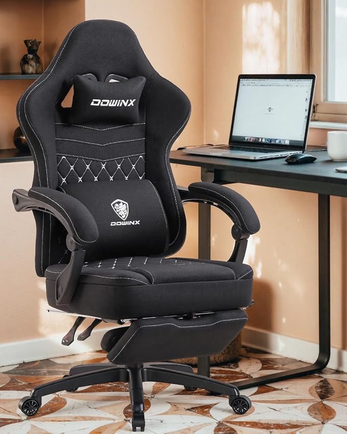Dowinx Gaming Chair Breathable Fabric Game Chair with Gel Pad and Storage Bag Comfortable Gamer Chair with Pocket Spring CushionErgonomic Computer Chair with FootrestBlack and White