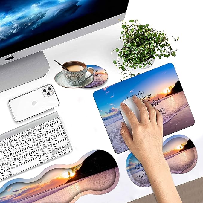 Keyboard Wrist Rest Pad + Mouse Wrist Rest Pad +Mouse Pad + Coaster + Hook Set Ergonomic Wrist Pain Relief Anti-Slip Mouse Pad for Home and Office Beach Philippians 4-13