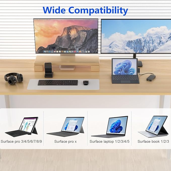 for New MS Surface Dock Triple Display with Power Supply12 in 1 Surface Pro Docking Station Dual 4K HDMI+VGA for Surface Pro 9/8/X/7/6/5/4/3Surface Laptop go/5/4/3/2/1Surface Book 3/2/1