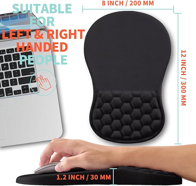 Ergonomic Mouse Pad Wrist Support with Memory Foam Massage Bulge Carpal Tunnel Pain Relief Mousepad Wrist Rest for Mouse(12x8 inch Black)