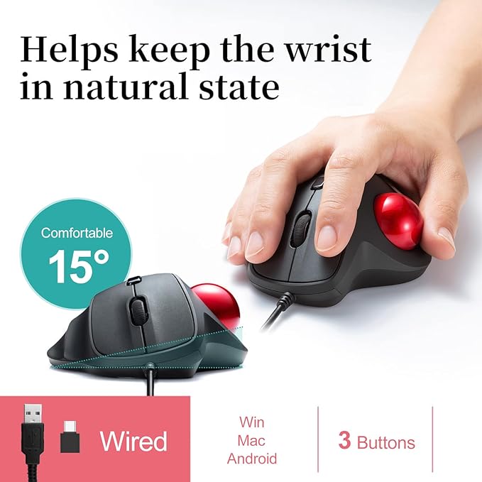 SANWA Wired Ergonomic Trackball Mouse Optical Vertical Rollerball Mice Silent Buttons 34mm Trackball 600/800/1200/1600 DPI Compatible with MacBook Laptop Computer Windows macOS Red