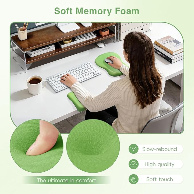 Ospelelf Mouse Pad with Wrist Rest Set Foam L-Shaped Desk Elbow Pad Ergonomic Desk Edge Cushion Anti-Slip Rubber Bottom Office Women Desk Accessories for Computer Laptop and Gaming Dark Green