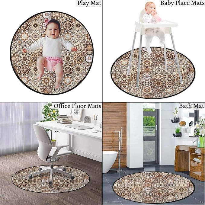 Beige Dark Brown Pale Brown Round Chair Mat Floor Protector Non-Slip Floor Low Pile Desk Chair Mat Rolling Chair and Computer Desk Carpet Mat Retro Old Fashioned Tile Diameter 35.4 in