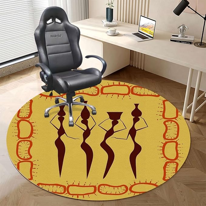 Orange PU Leather Desk Chair Mat for Hard Floors Young Women in Stylish Theme Dance Moves Computer Chair Matfor Rolling ChairLarge Floor ProtectorEasy Clean Africa Dancing Diameter 47.2 in