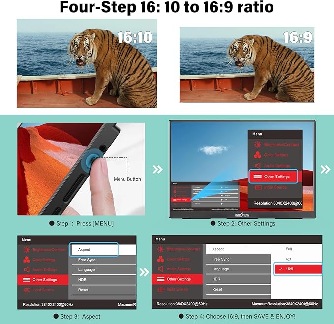InnoView 16 Portable Monitor 120Hz 2.5K QHD 2160x1600 100% sRGB Laptop Screen Extender | 2 x Type-C &amp HDMI Portable Monitor for Macbook/Switch/PS5/Xbox(Adapter Excluded)
