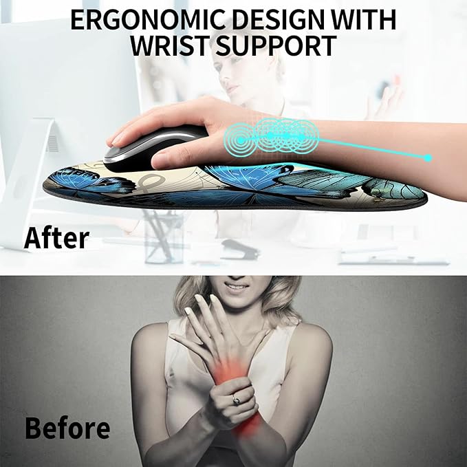 Mouse Pad with Wrist Support Gel Blue Butterfly Pattern Design Ergonomic Gaming Mousepad with Wrist Rest for Laptop Computer Home Office Working Mouse Mat + A Cute Coffee Pad