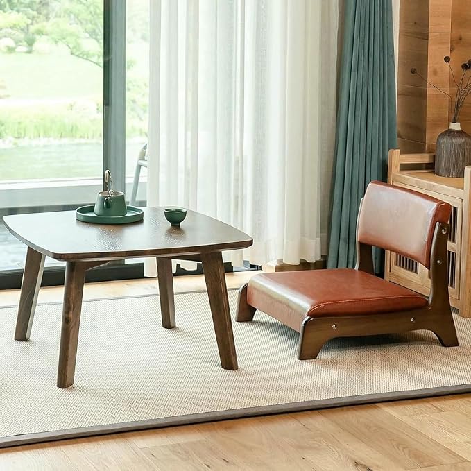ELEFOCUS Tatami Chair with Upholstery Comfortable Floor Seat for Meditation Living Room Bedroom Bay Window(Orange LeatherWalnut)