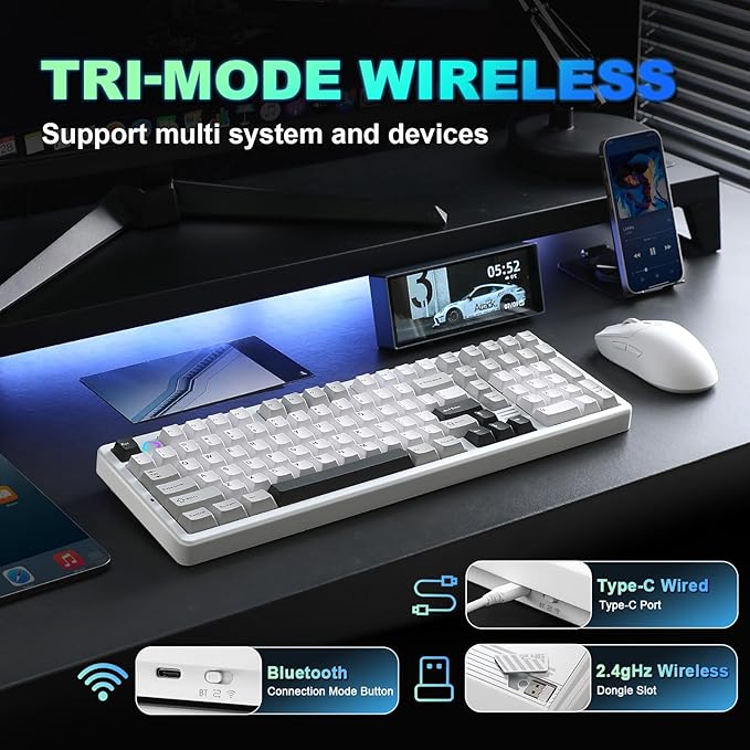 YUNZII AL98 QMK/VIA Wireless Mechanical Gaming KeyboardFull AluminumBT/2.4G/USB-C Pre-Lubed Hot Swappable Gasket Mount 1800 LayoutRGB Backlit for Win/Mac (White Cocoa Cream V2 Switch)