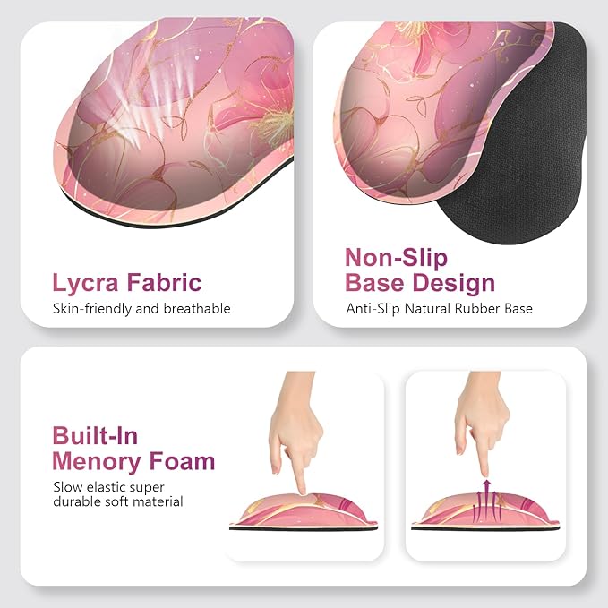 Desk Mat Pad Gaming Mouse Pad Wrist Support Set 4 in1 Non-Slip Large Mousepad + Ergonomic Keyboard Wrist Rest+Mouse Wrist Rest+Coaster for Home Office Computer I Pink Purple Gold Floral