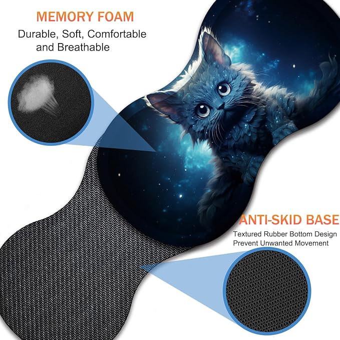 Extended Non-Slip Mouse Pad + Mouse Wrist Rest + Lace-Shaped Coaster Set Ergonomic Design Suitable for Desk and Home Gaming Table Mat Galaxy Cat