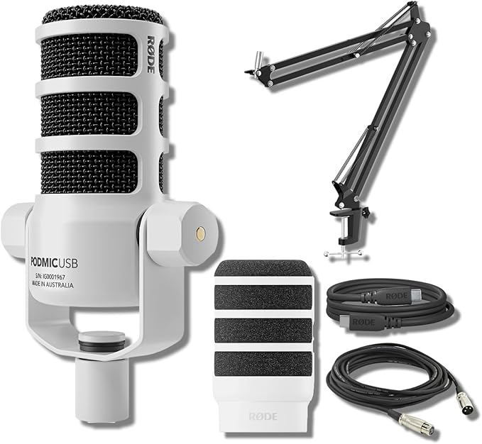 Rode PodMic USB White Dynamic Broadcast Microphone with Rode SC27 Black USB-C to USB-C Cable and StreamEye Adjustable Boom Arm