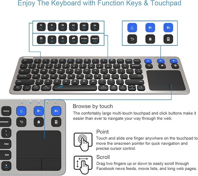Arteck Universal 2.4G Wireless and Bluetooth Touch TV Keyboard Multi-Device with Easy Media Control and Build-in Touchpad Keyboard for Smart TV TV Box TV-Connected Computer Mac HTPC