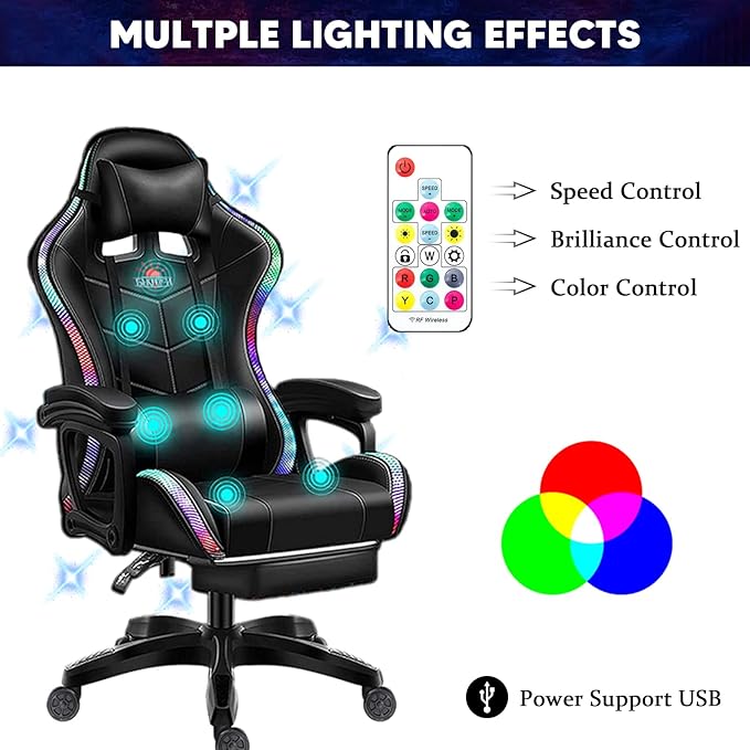 Gaming Chair with Speakers and Footrest Full Massage Computer Chair with RGB Lights Ergonomic Video Game Chair with Lumbar Support PU Leather High Back Gamer Chair for Office and GamingWhite