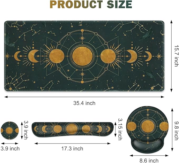 Large Desk Mat Gaming Mouse Pad Desk Pad Protector XXL Mousepad + Keyboard Wrist Rest+Mouse Wrist Rest+Coaster Ergonomic Desk Pad for Home Office Decor Dark Green Gold Moon Phases Constellation