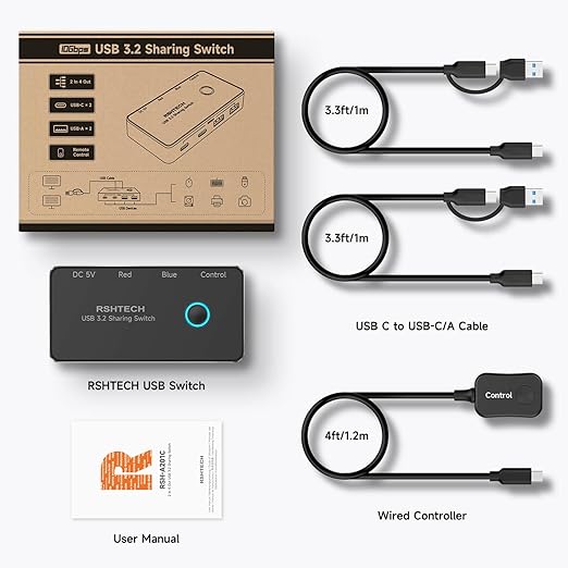RSHTECH USB 3.2/USB C Switch 10Gbps 2 Computers Share 4 USB 3.2 Ports(2 USB-A+2 USB-C) USB Switcher Selector with 2 Cables and Controller for PC Laptop (No Video Output or Charging)