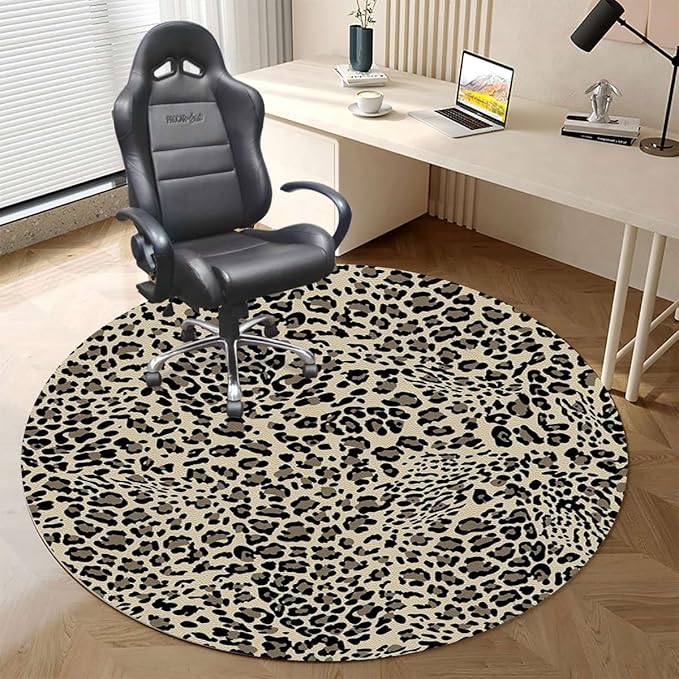 Yellow Red Black PU Leather Office Chair Mat for Hardwood Floor Print Classical Savannah Mammal Large Anti-Slip Floor Protector RugAnti-Slip Home Chair MatEasy to Clean Leopard Diameter 35.4 in