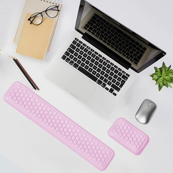 Wrist Rest for Keyboard and Mouse Comfort Memory Foam Wrist Rest with Non-Slip PU Base Leather Mouse Pad Ergonomic Keyboard Wrist Support for Typing Pain Relief Protect Hand and Arm (Pink)