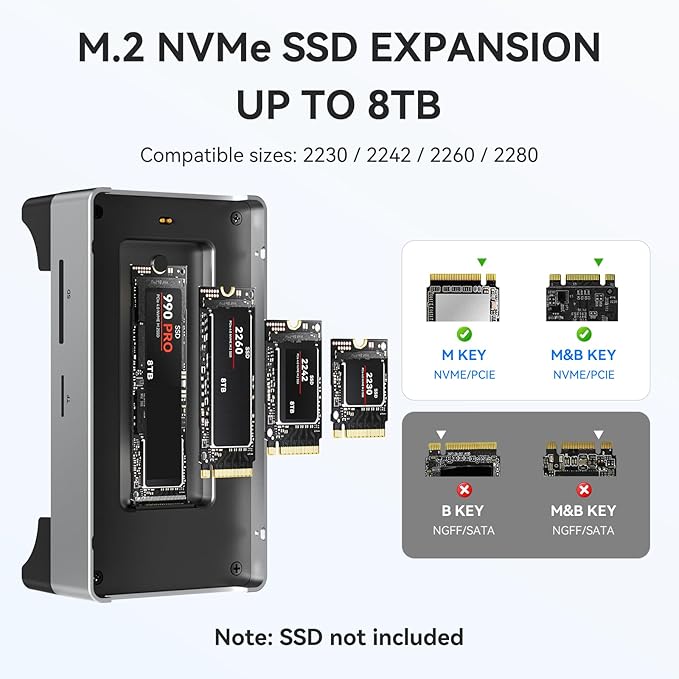 ANYOYO 10Gbps Mac mini M4 Dock and Stand with 8TB NVMe M.2 SSD Enclosure HDMI 4K@60Hz 2× USB-A 3.2（10Gbps） 2× USB-A 2.0 Wi-Fi Signal Friendly Design Aluminum USB-C Hub for Mac mini M4