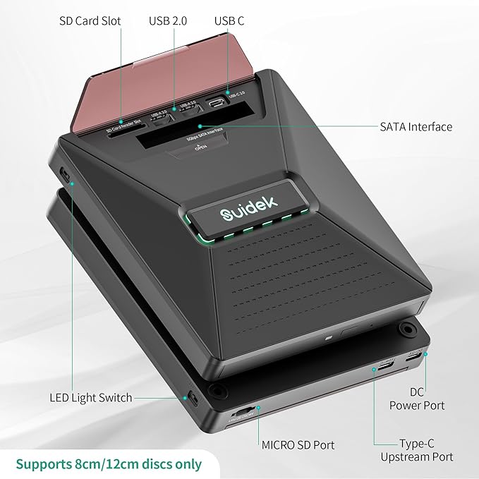 CD DVD Drive External Portable CD DVD Driver +/-RW Burner with 2.5 SATASD Card Reader and USB A Type C 2.0 Hub Compatible with Laptop PC