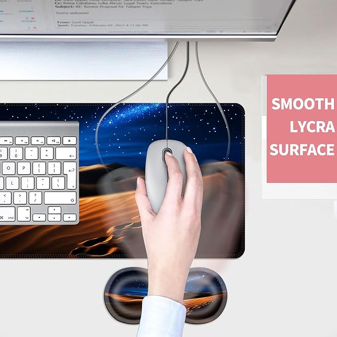 Mouse PadLarge Desk Mat Set 4in1 XL Mousepad + Keyboard Wrist Rest+Mouse Wrist Rest+Coaster with Ergonomic Desk Pad for Home Office Table Computer Cover -Desert Dunes Under Starry Sky