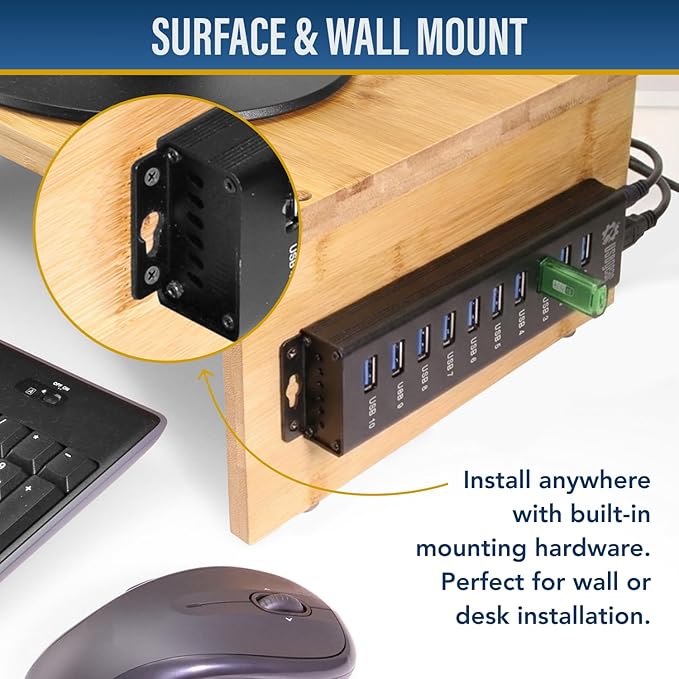 USBGear 10-Port USB Hub 3.2 Gen 1 – Mountable SuperSpeed Data Hub with USB Ports for Laptop PC Desktop and More 5V/4A Power Adapter with Type-A to Type-B Cable (3ft) Computer Accessories