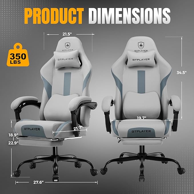 GTPLAYER Gaming Chair with Foot Rest &amp Pocket Spring Cushion Ergonomic High Back Computer Desk Chair with Headrest &amp Lumbar Support for Back Pain Relief Breathable Fabric Moon Gray