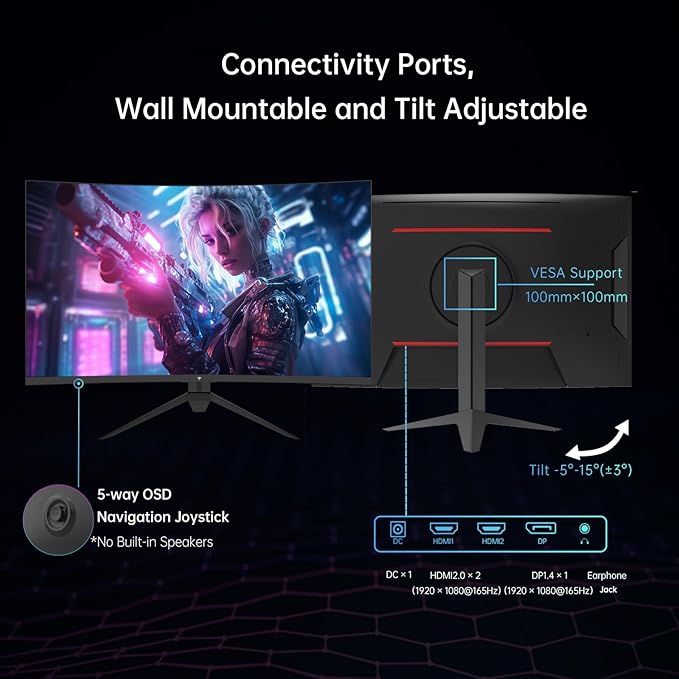 KTC 32 Inch FHD 1080p Curved Gaming Monitor - VA 1500R Curved Monitor 165Hz 1ms MPRT FreeSync &amp G-Sync 122% sRGB DP/HDMI VESA HDR10 for Gaming Home Office Business PC Monitor