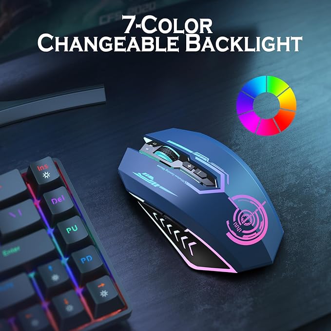 UHURU Gaming Mouse Wireless Gaming Mouse with 7 Buttons 7 Changeable LED Color up to 12000 DPI Rechargeable USB Gamer Mouse for PC Laptop (Blue)