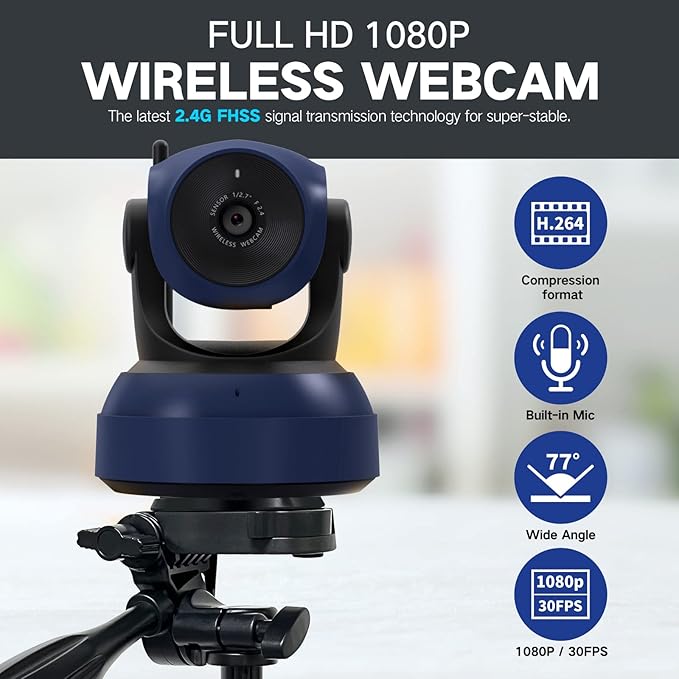 Gsou Wireless Webcam1080P HD Video Calling and Streaming CameraPlug and PlayAdjustable Field of Angle Computer Camera for PC/Mac/Laptop/MacBookWorks with ZoomMeetsSkypeTeams(with Tripod Stand)