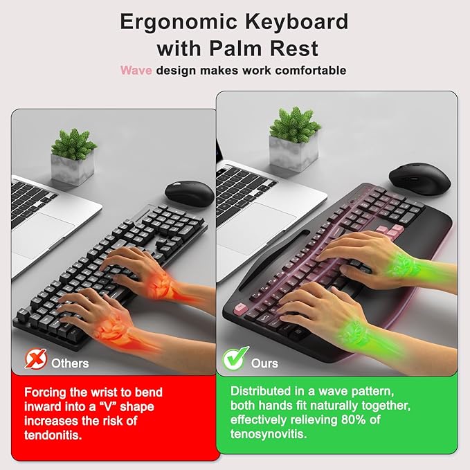 Wireless Keyboard and Mouse Combo 2.4G Full Size Wave Keys Ergonomic Keyboard with Wrist Rest Phone Holder 3-Level DPI Wireless Silent Mouse with 6-Buttons for Windows (Pink)