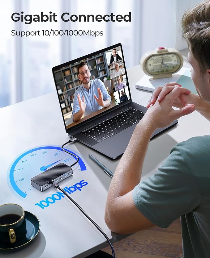 ORICO USB-C Hub with M.2 SSD Enclosure 8-in-1 USB C Docking Station Fits M.2 NVMe/SATA SSD 10Gbps 4K@60Hz HDMI 100W PD Ethernet - OM28PR