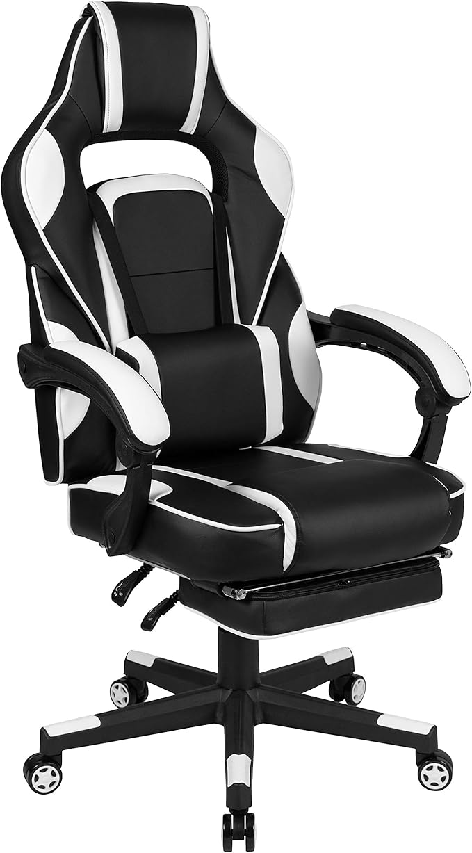 EMMA + OLIVER White Ergonomic Gaming Chair - Reclining Back/Arms Footrest Massaging Lumbar